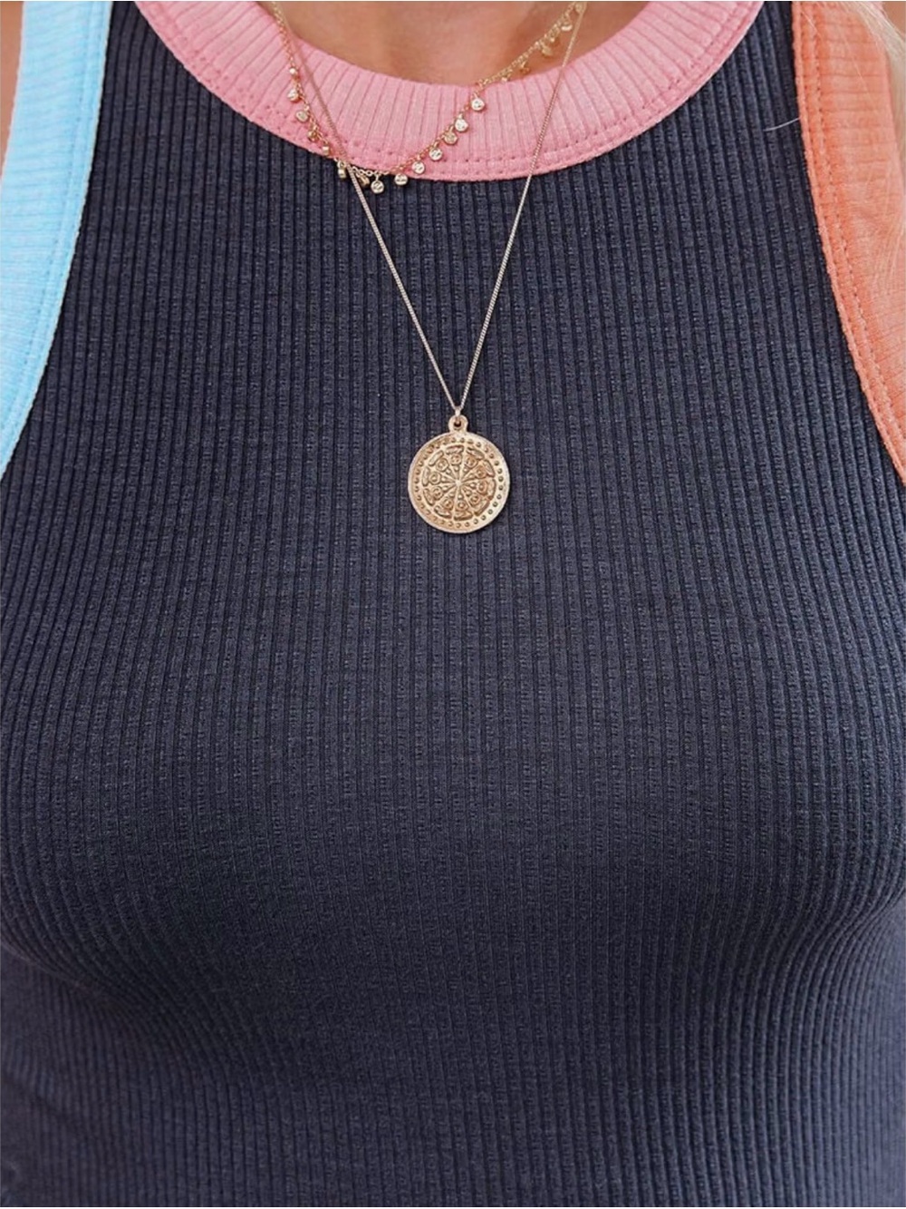 Colorblock Racerback Crew Neck Ribbed Fitted Tank Top - Picture 5 of 6